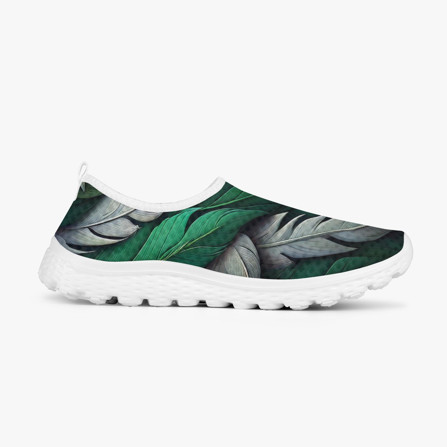 Green White Feathers Women's Slip-On Mesh Running Shoes