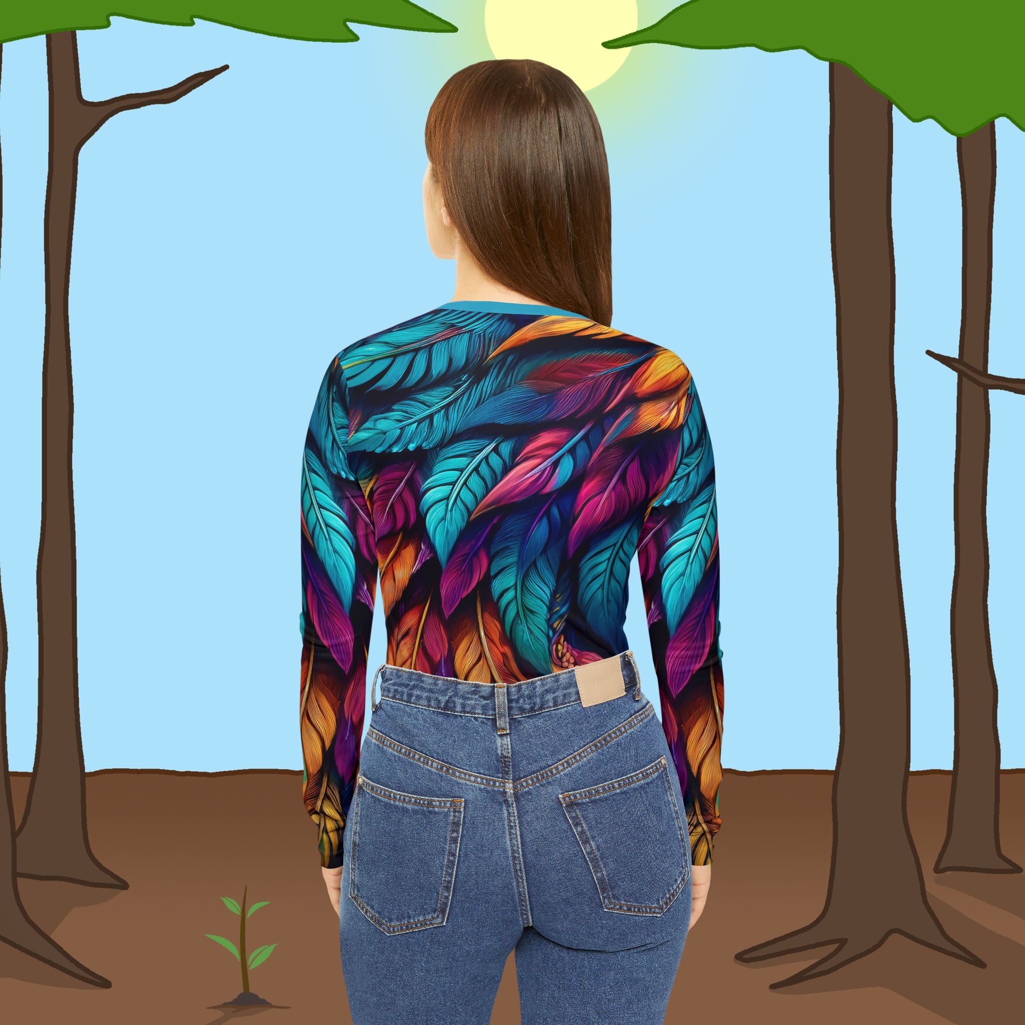 Colorful Feathers Diamond Ring Long Sleeve V-Neck