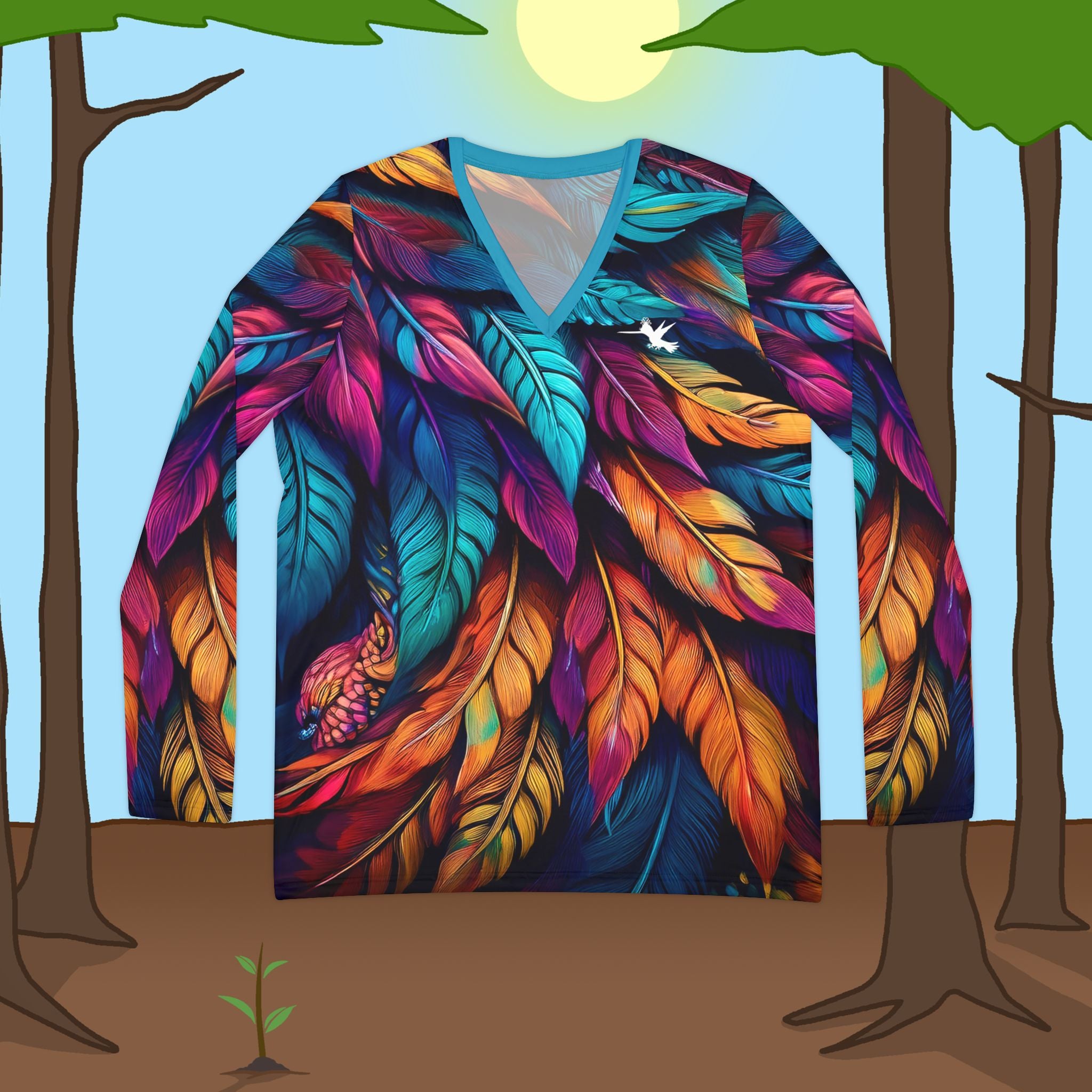 Colorful Feathers Diamond Ring Long Sleeve V-Neck