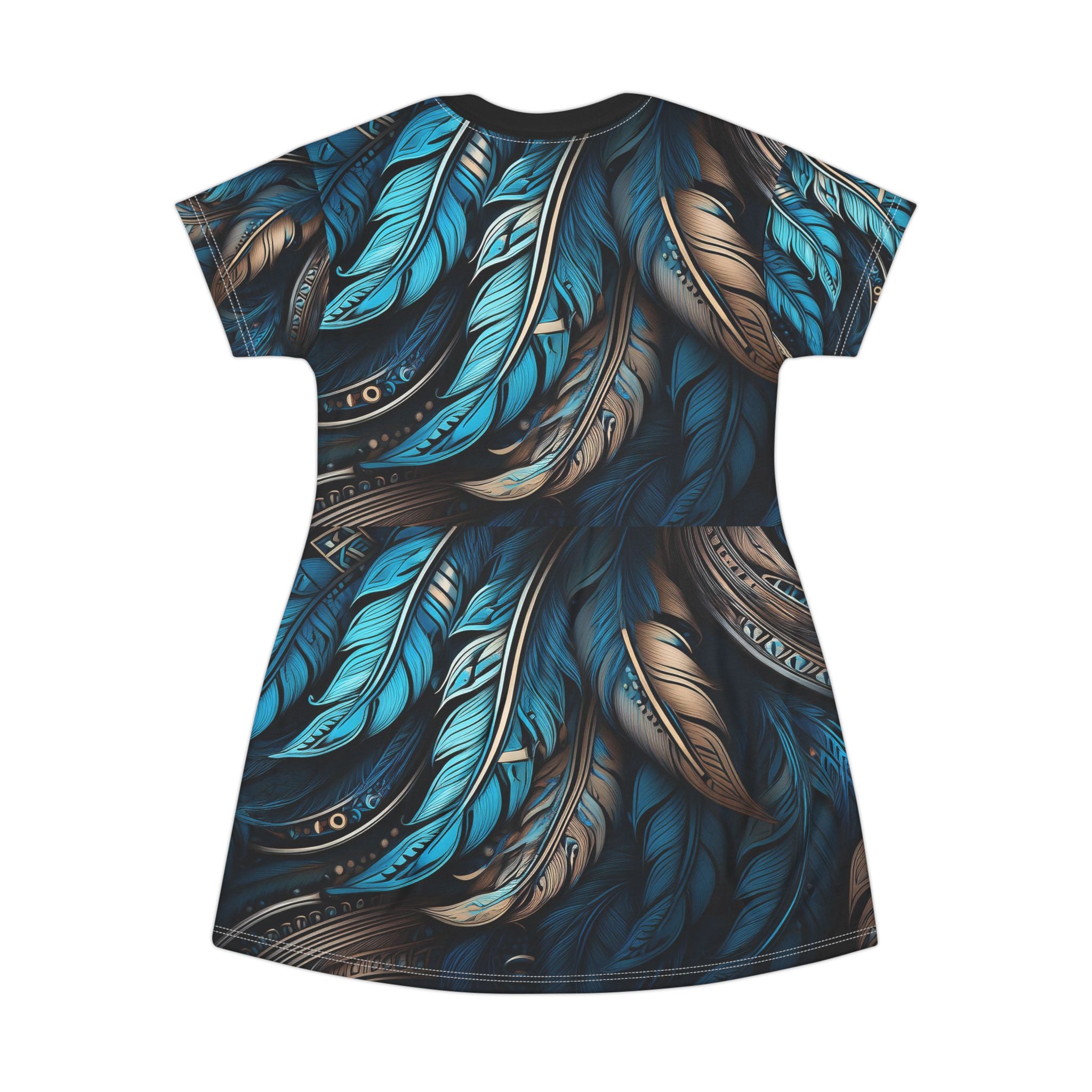 Blue Brown Feathers T-Shirt Dress