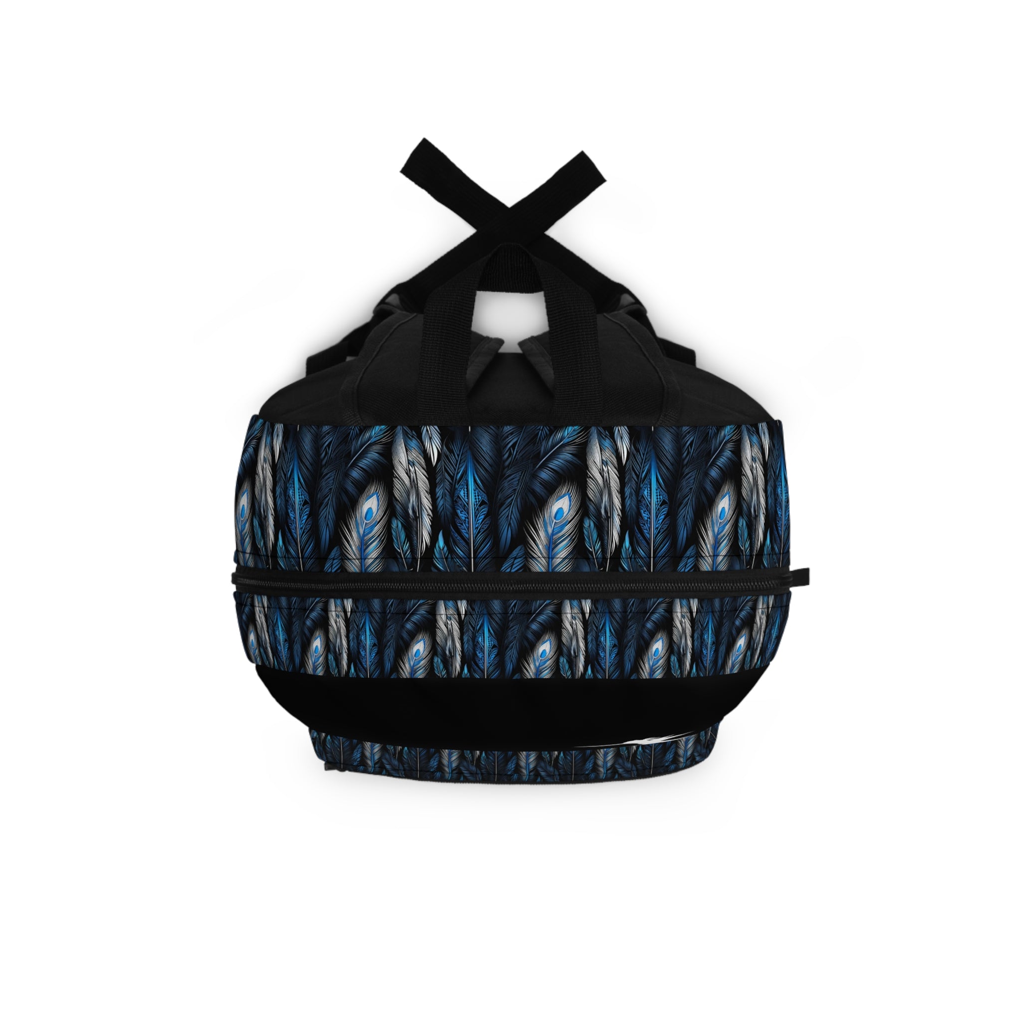 White Blue Feathers Black Backpack