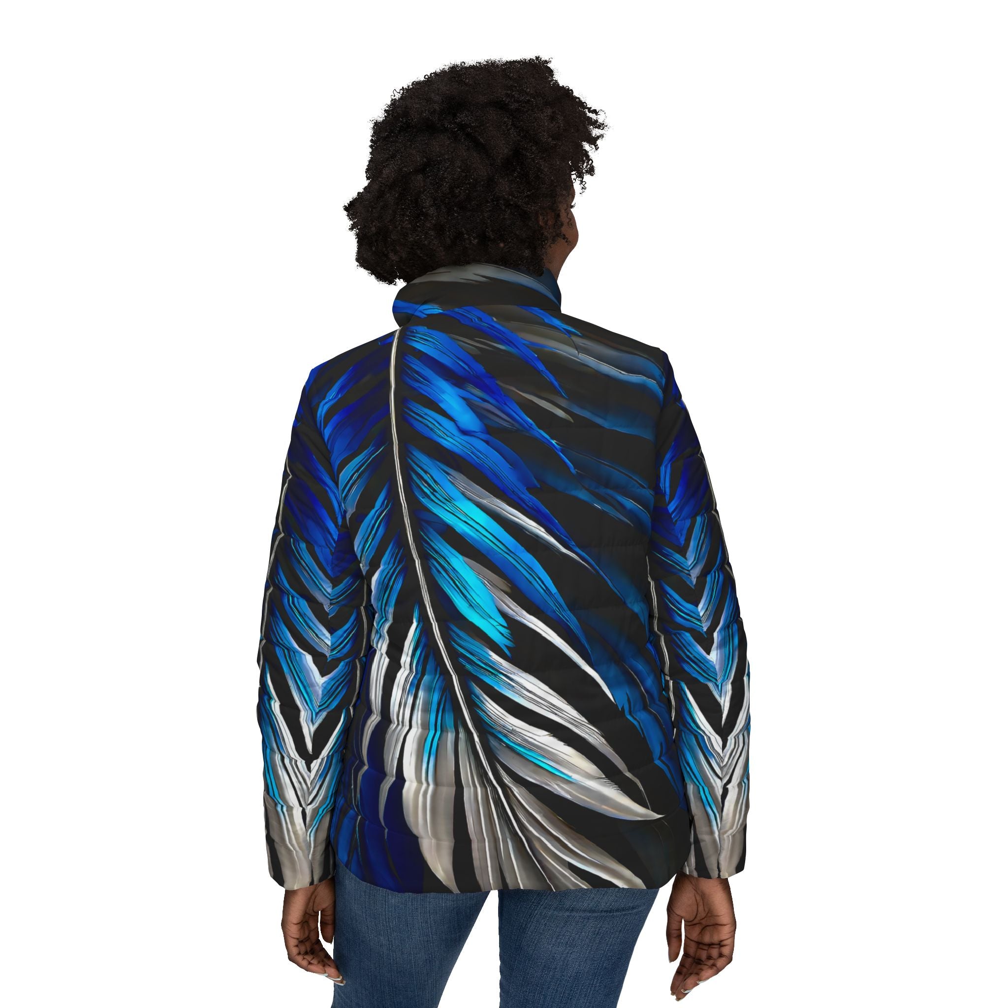Blue & White Feathers Women’s Puffer Jacket