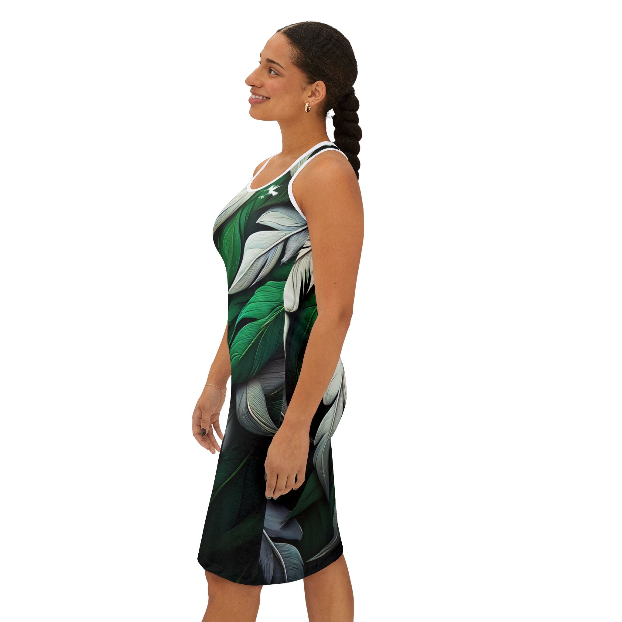 Green White Feathers Spear Racerback Dress