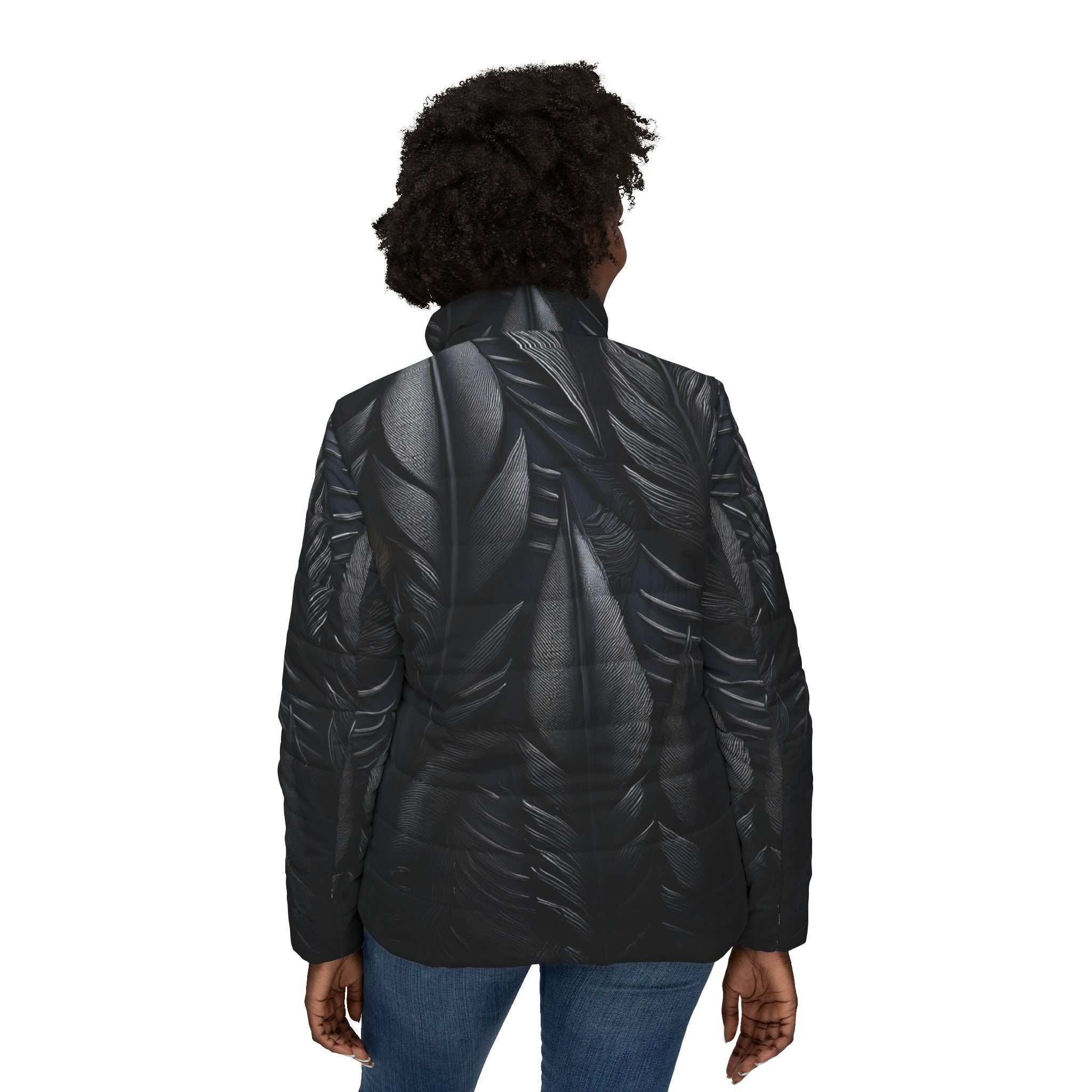 Black Tribal Feathers Women's Puffer Jacket