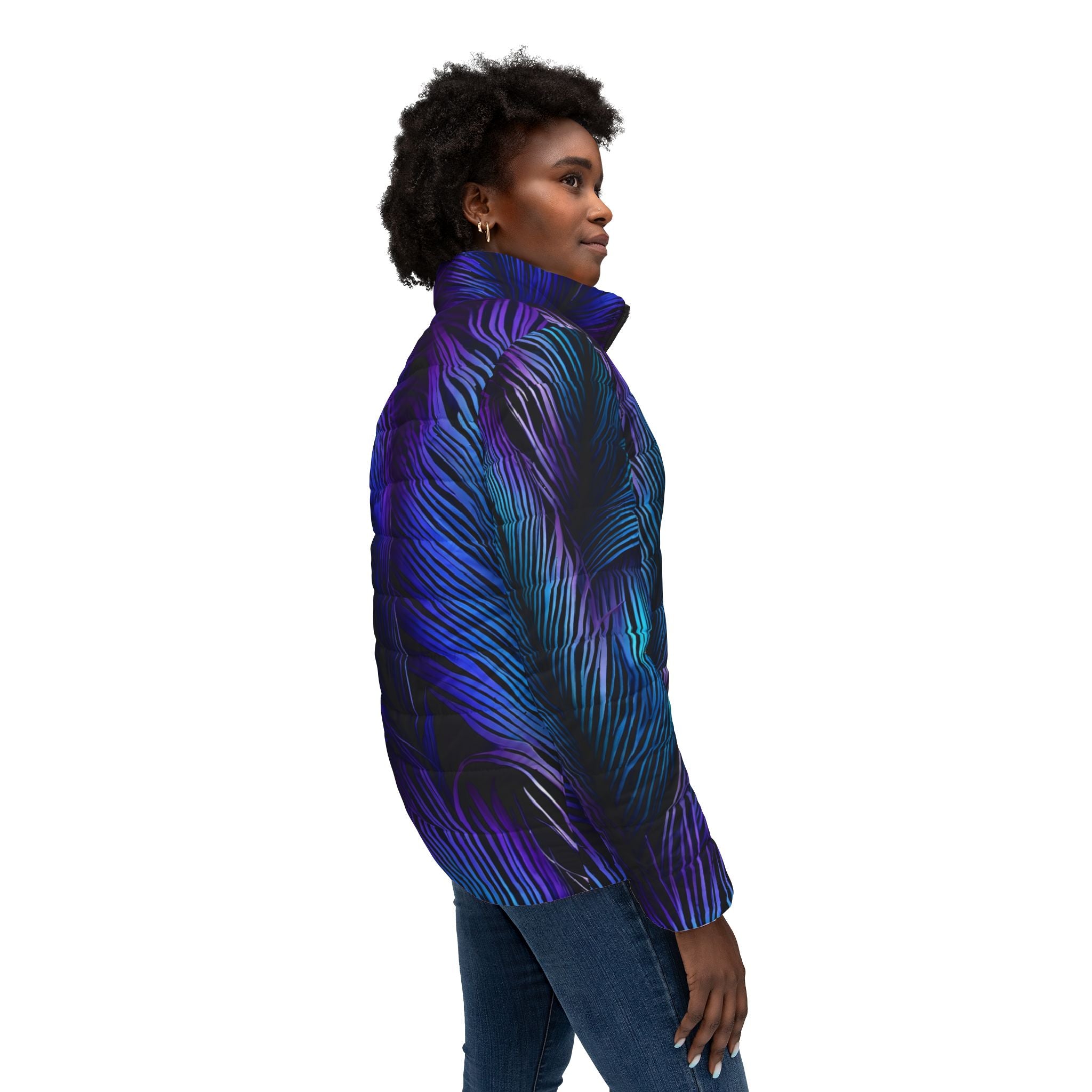 Purple Blue Feathers Women's Puffer Jacket