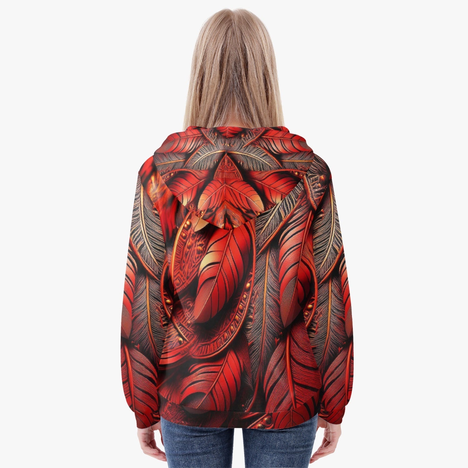 Red Tribal Feathers Women's Zip Up Hoodie