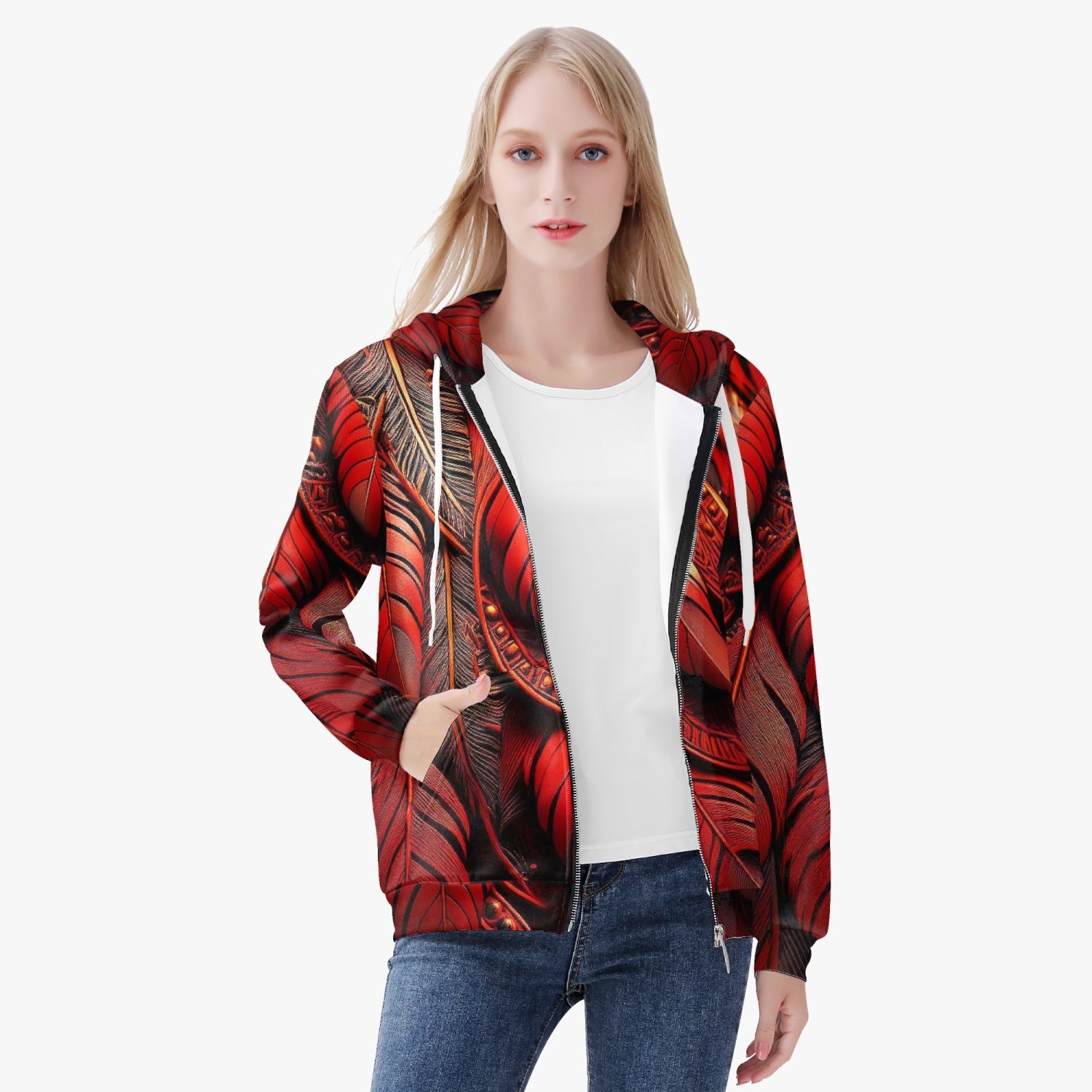 Red Tribal Feathers Women's Zip Up Hoodie