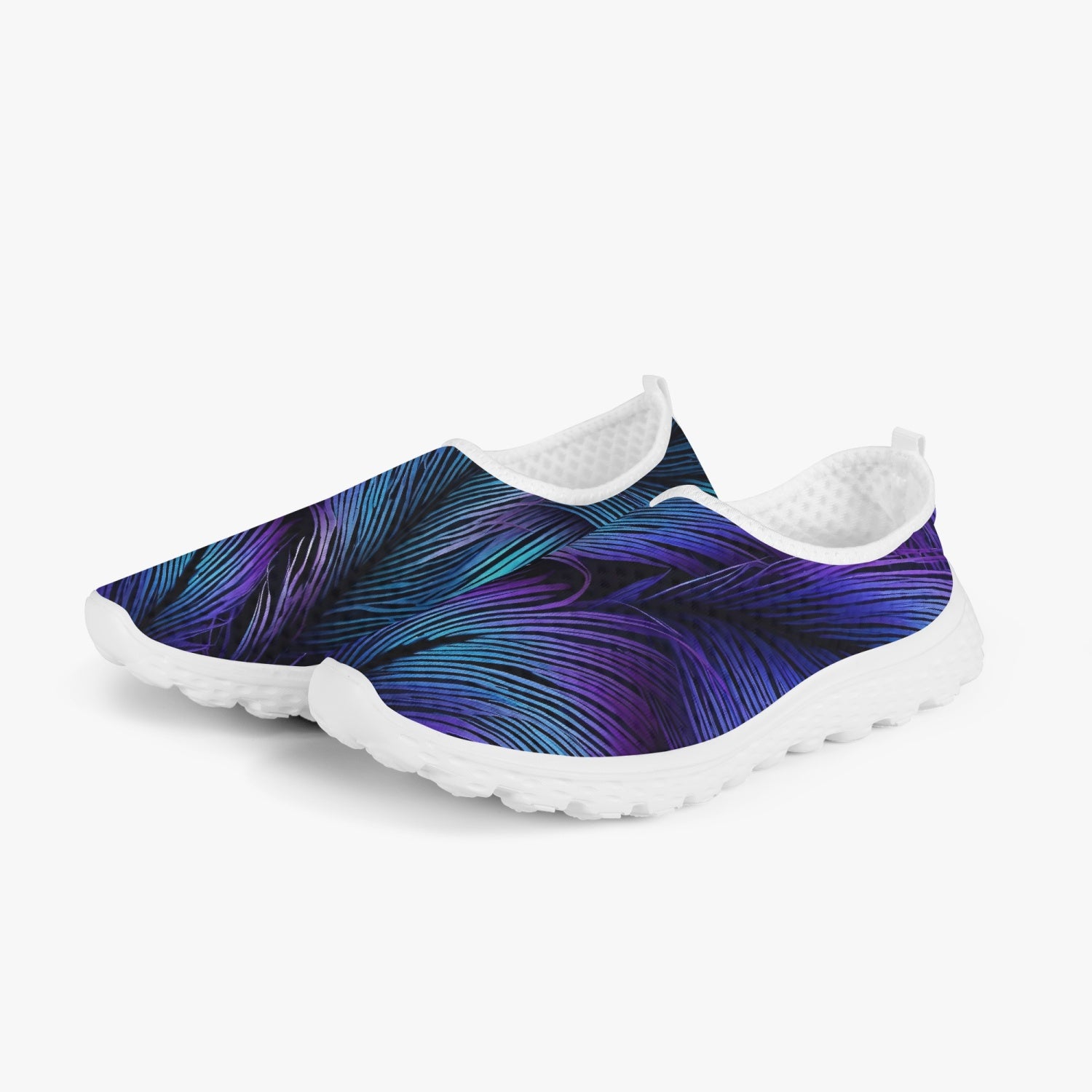 Purple Blue Feathers Women's Slip-On Mesh Running Shoes