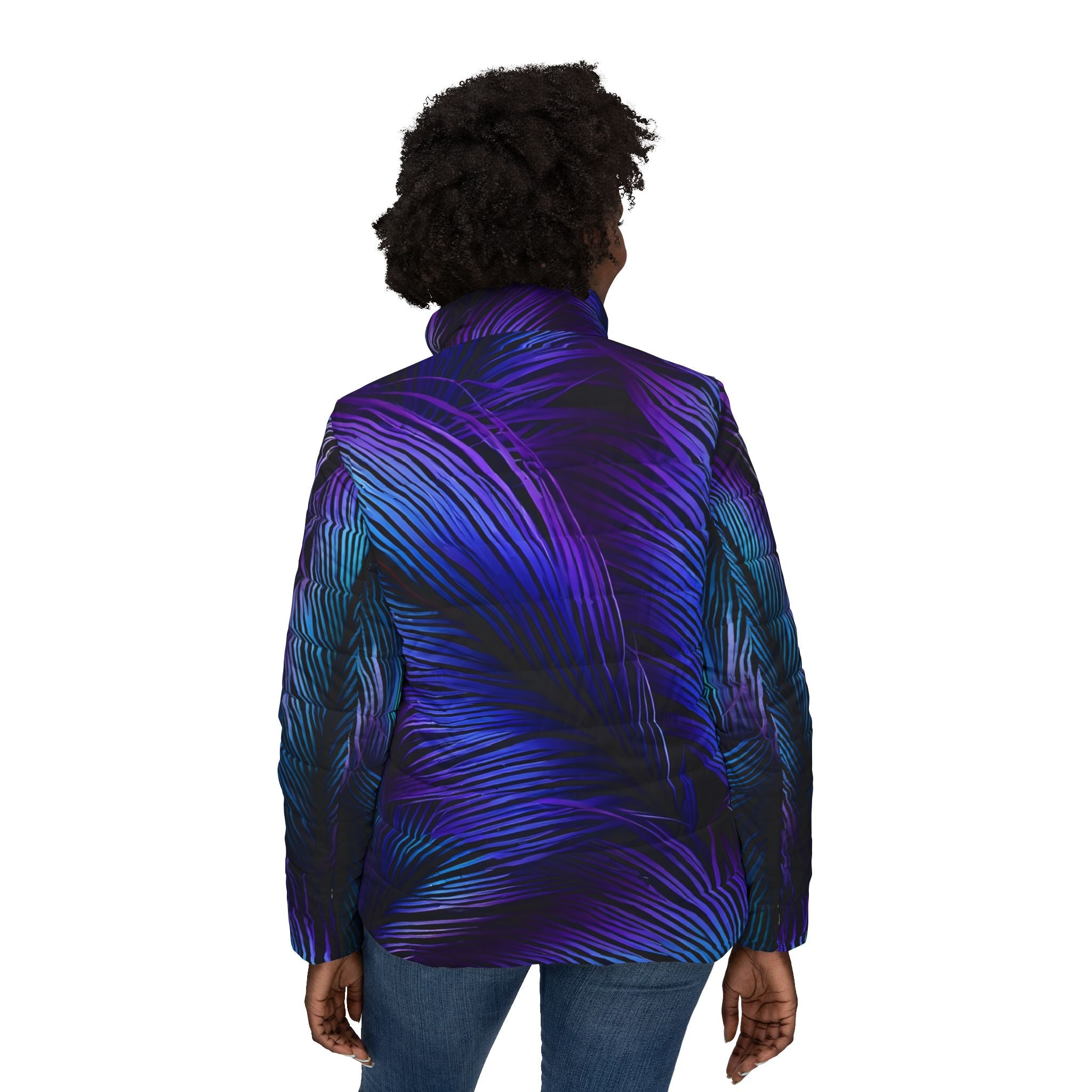 Purple Blue Feathers Women's Puffer Jacket