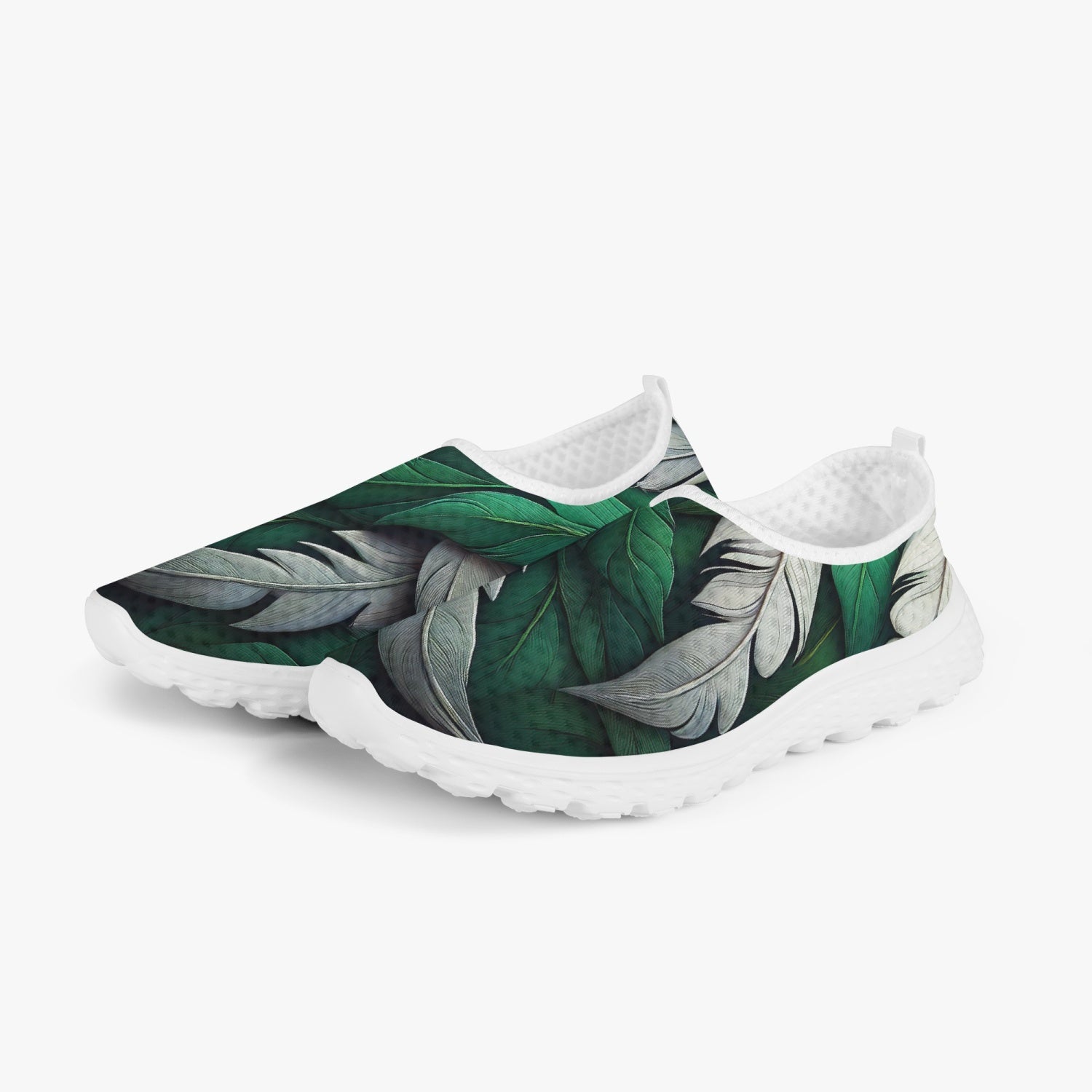 Green White Feathers Women's Slip-On Mesh Running Shoes