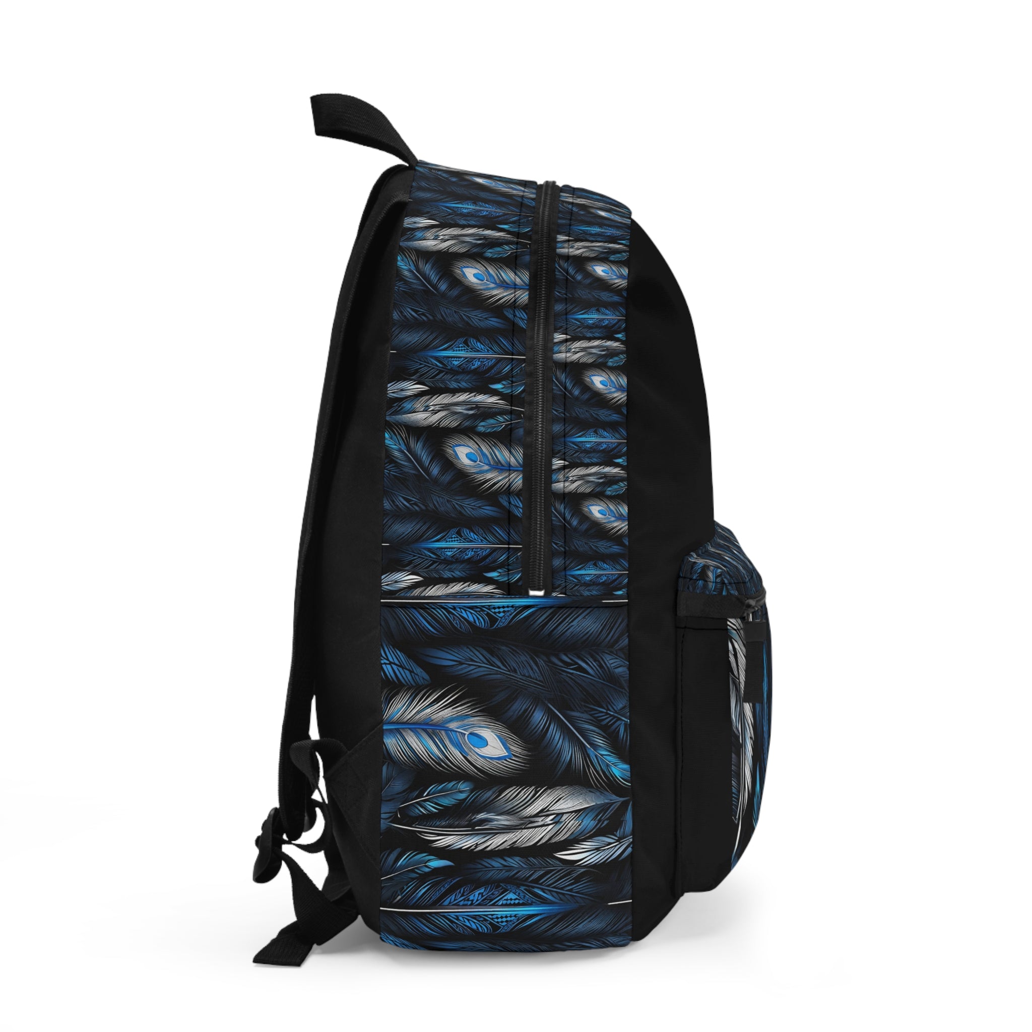 White Blue Feathers Black Backpack