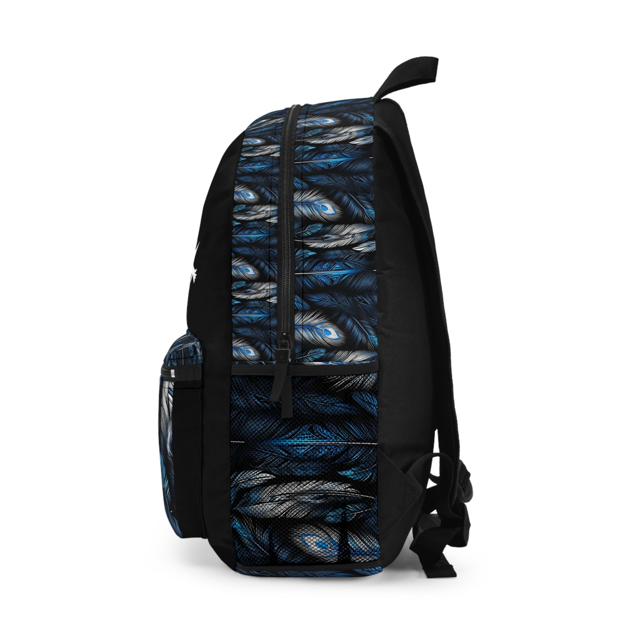 White Blue Feathers Black Backpack