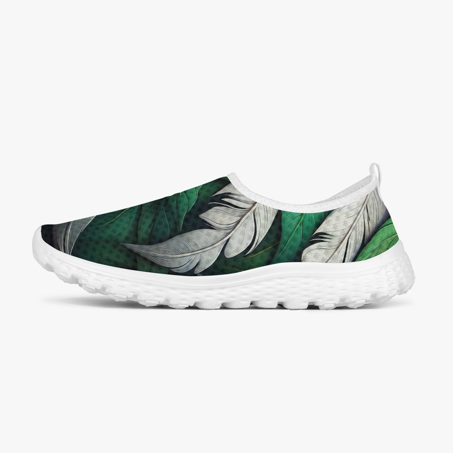 Green White Feathers Women's Slip-On Mesh Running Shoes