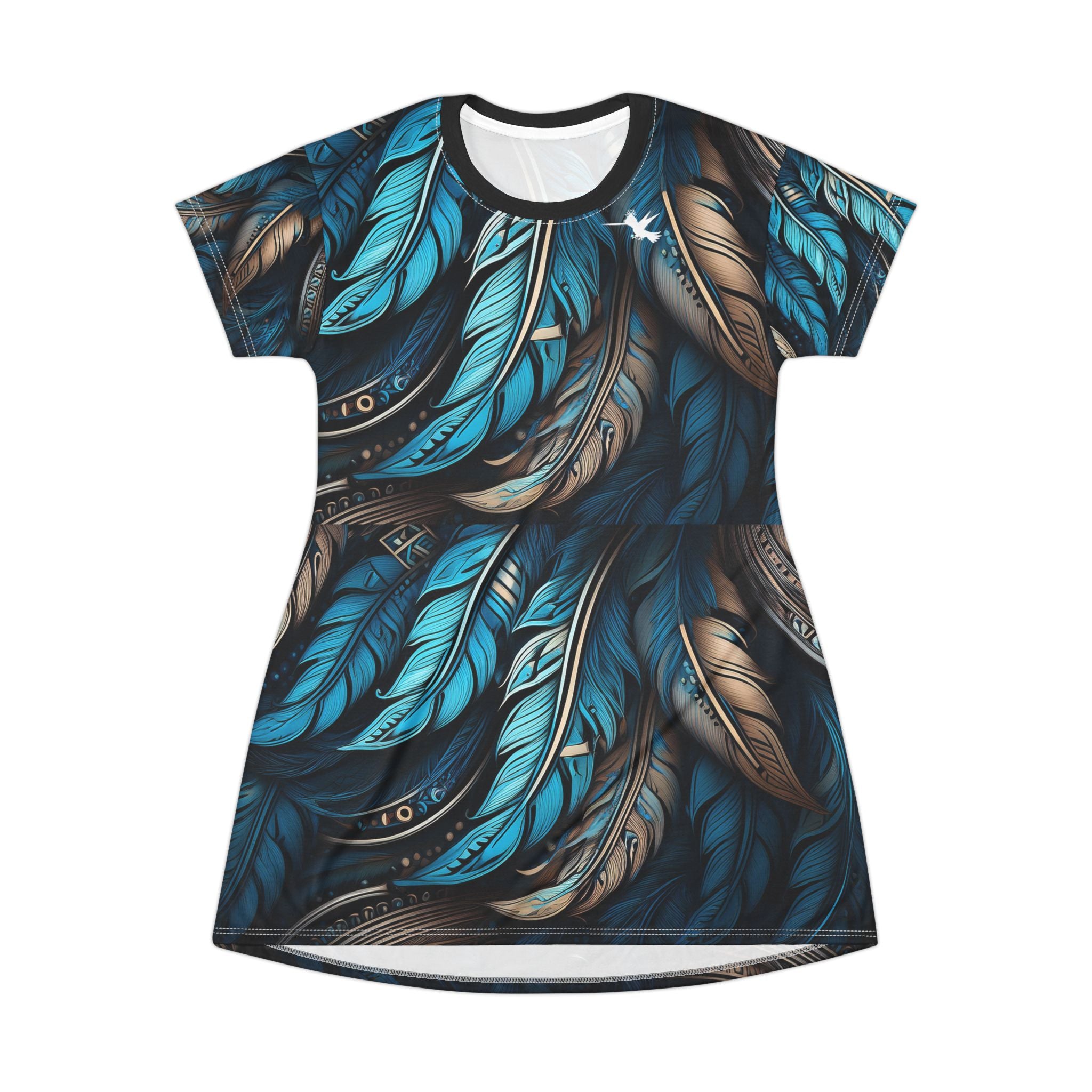 Blue Brown Feathers T-Shirt Dress