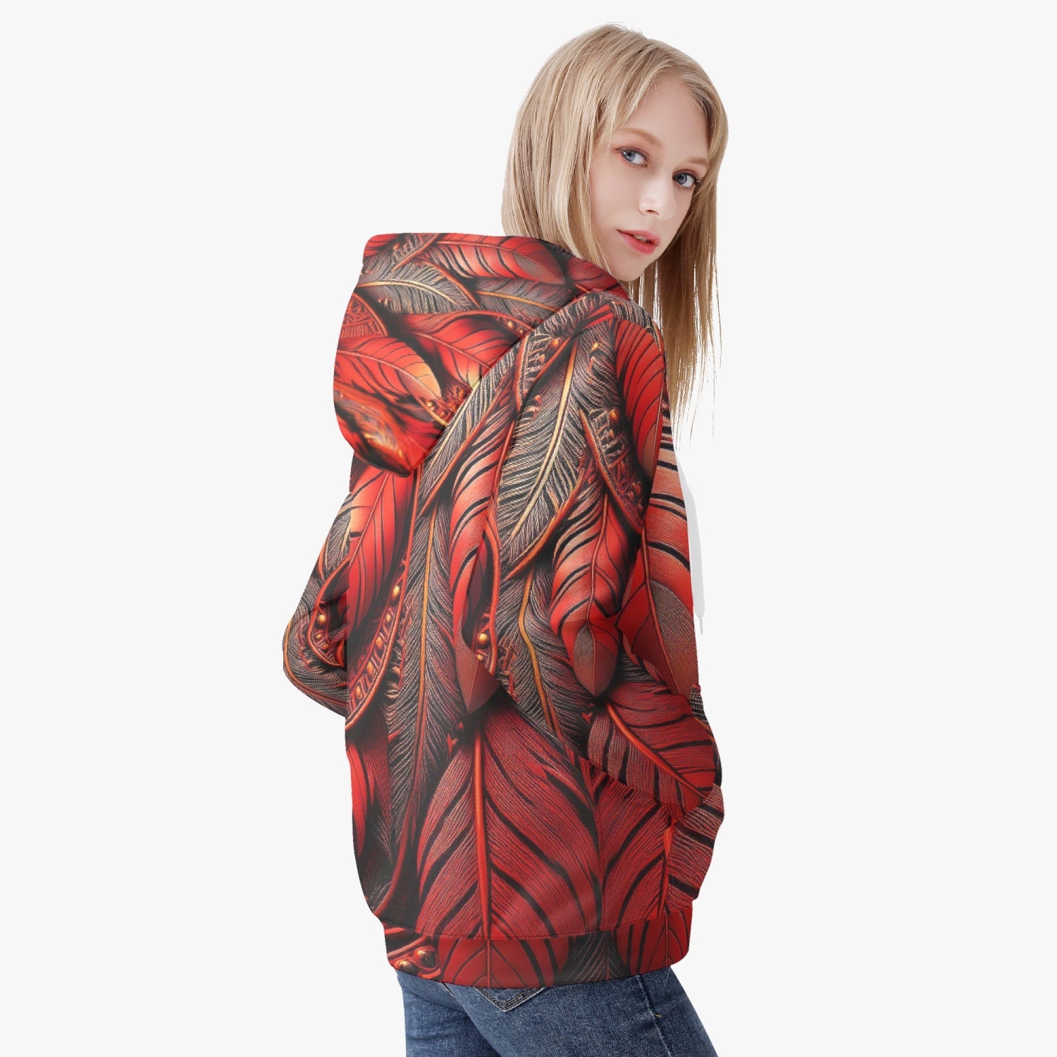 Red Tribal Feathers Women's Zip Up Hoodie