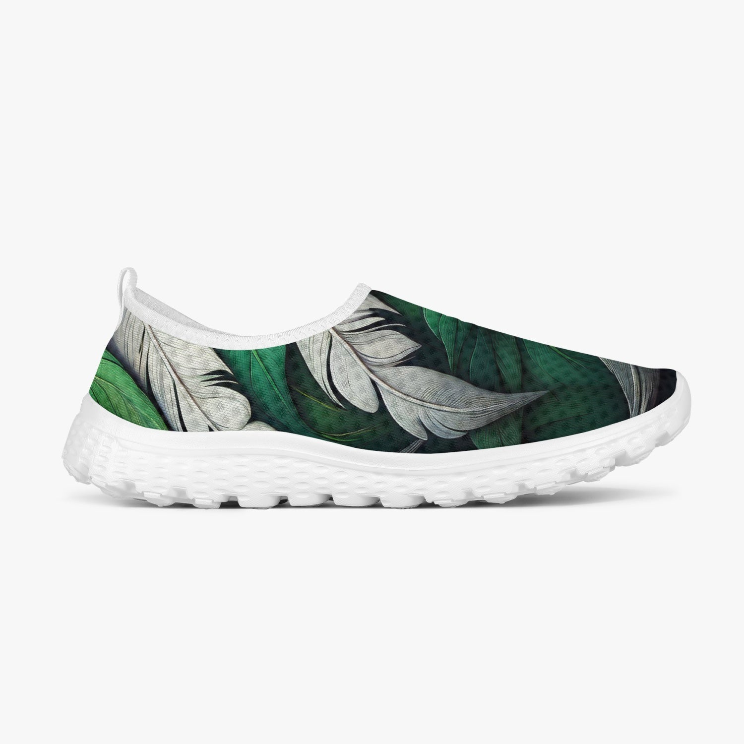 Green White Feathers Women's Slip-On Mesh Running Shoes