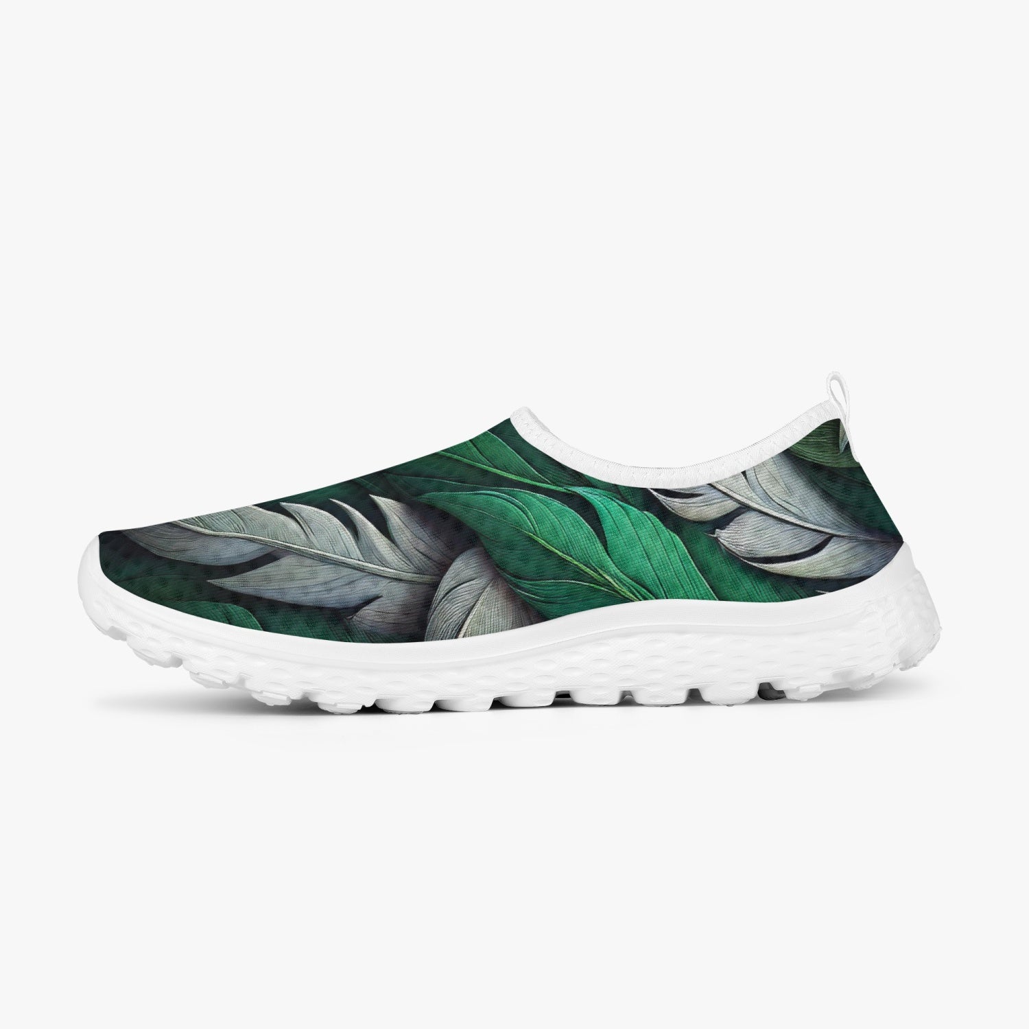 Green White Feathers Women's Slip-On Mesh Running Shoes