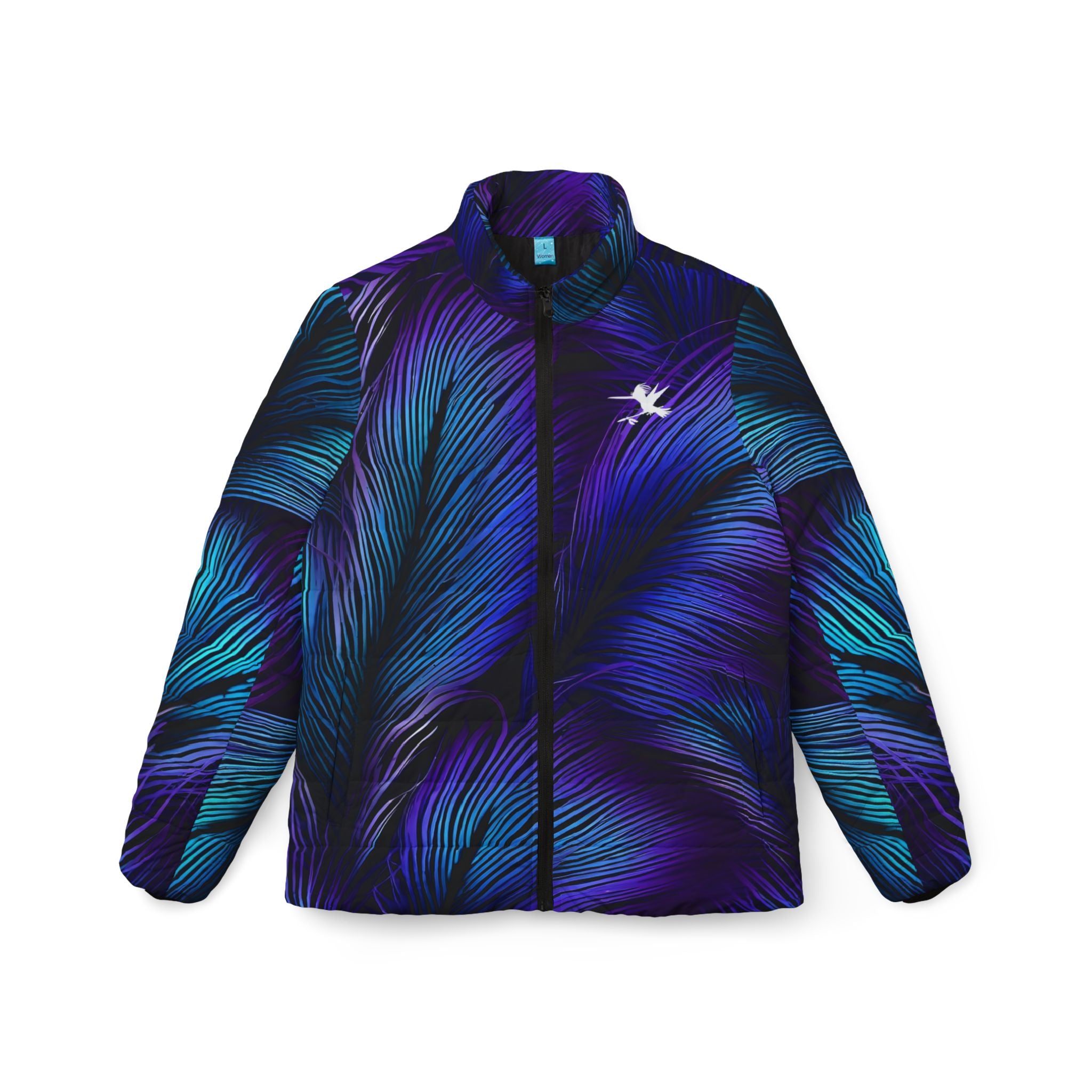 Purple Blue Feathers Women's Puffer Jacket