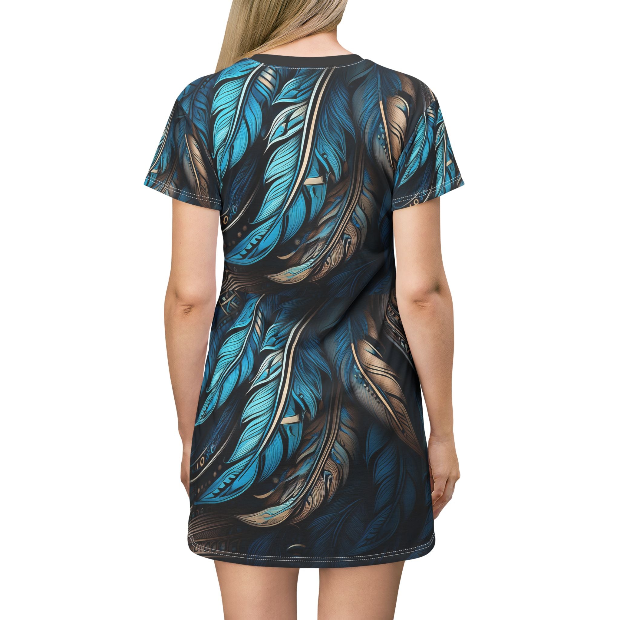 Blue Brown Feathers T-Shirt Dress