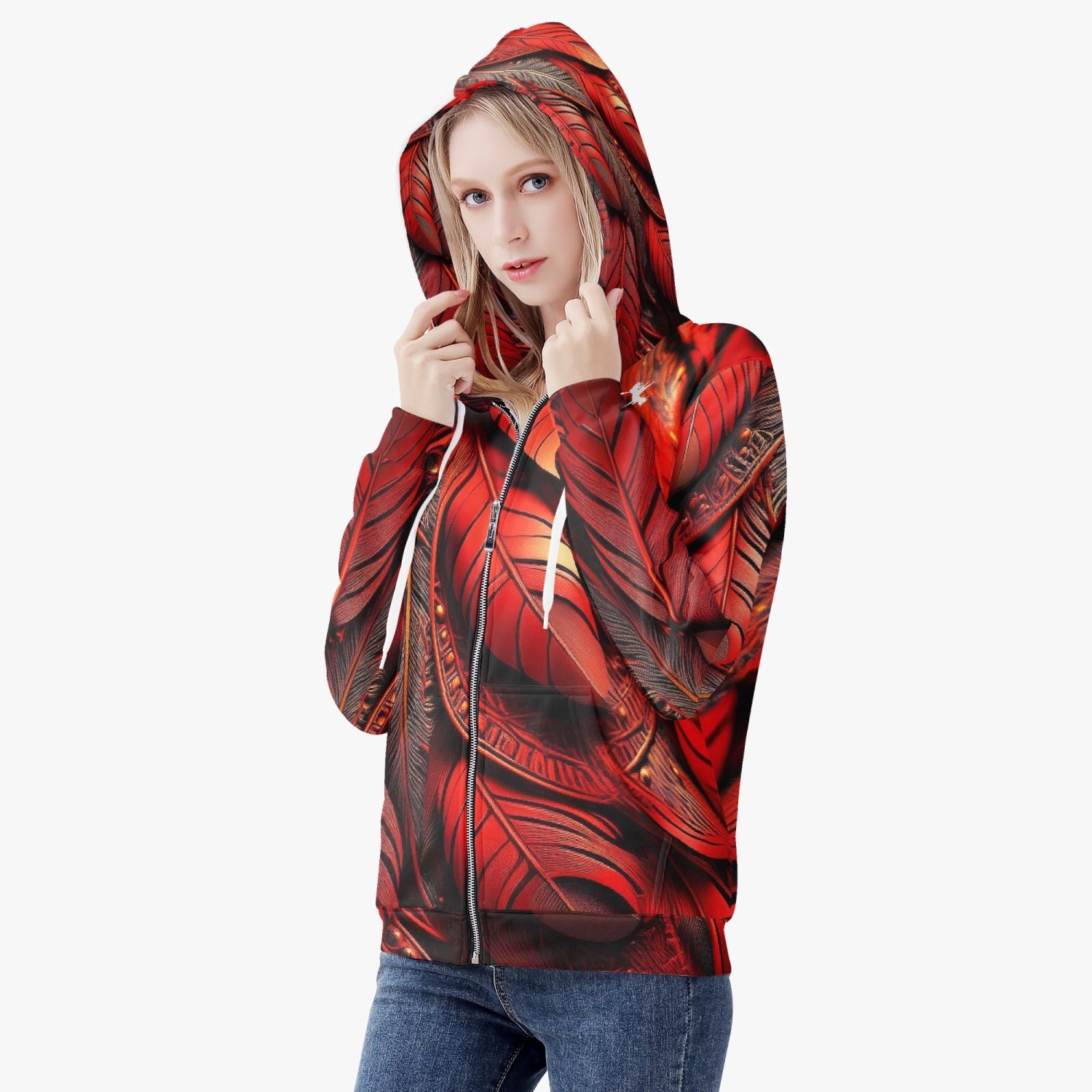 Red Tribal Feathers Women's Zip Up Hoodie