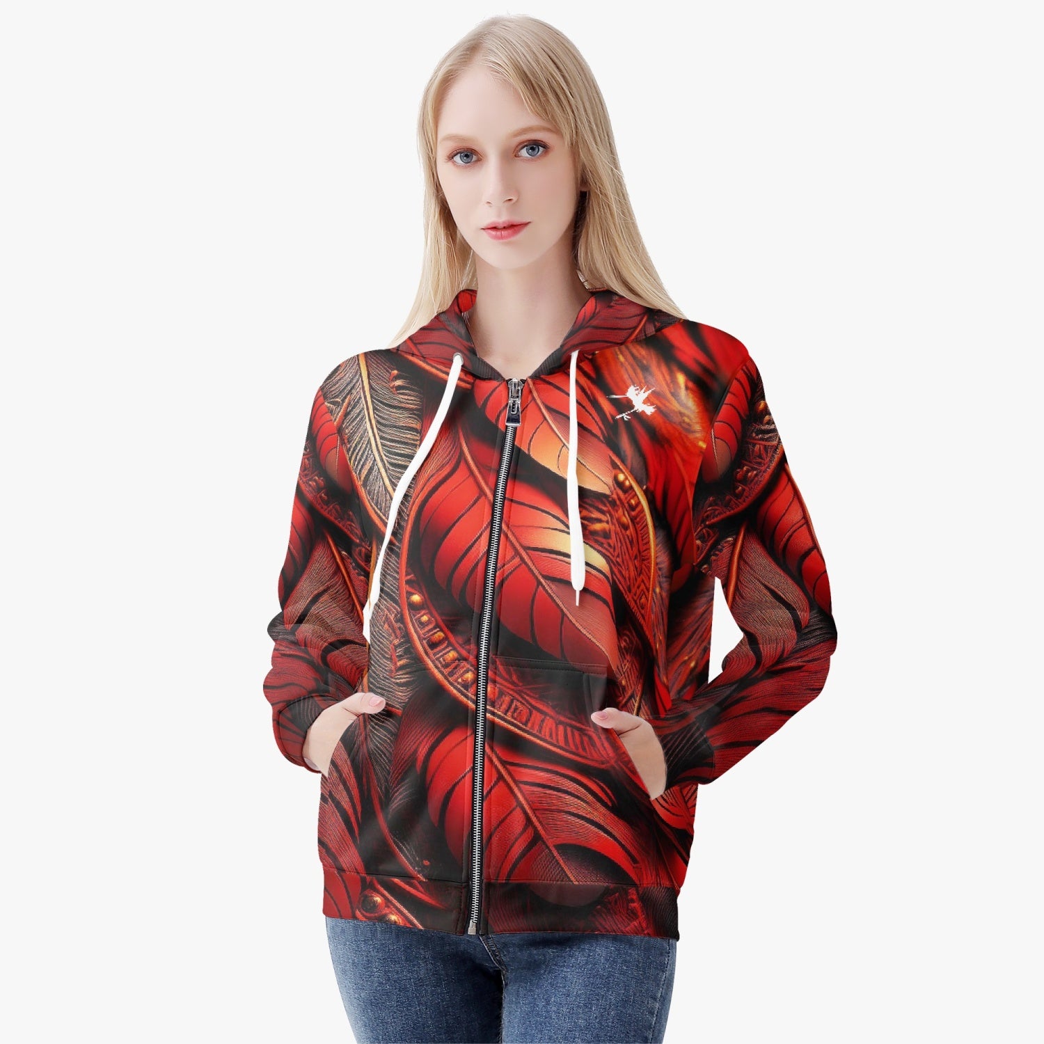 Red Tribal Feathers Women's Zip Up Hoodie